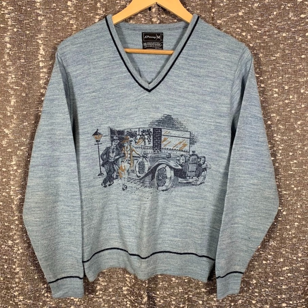 Vintage JCPenney Blue Pullover Graphic Print Car Sweatshirt Orlon Men's Medium